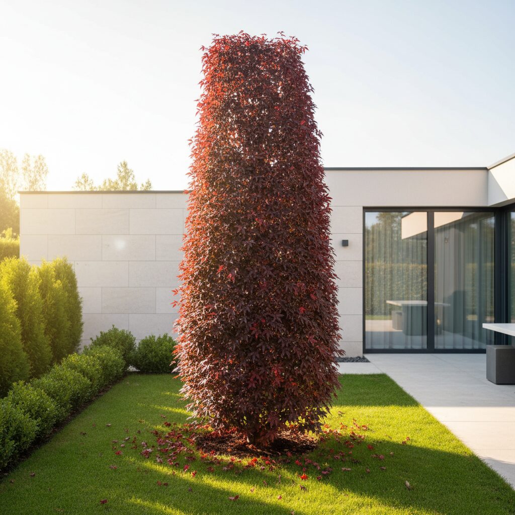 Klon crimson sentry — jak uprawiać to czerwone drzewo kolumnowe?