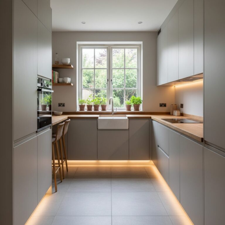 waska kuchnia z oknem aranzacje